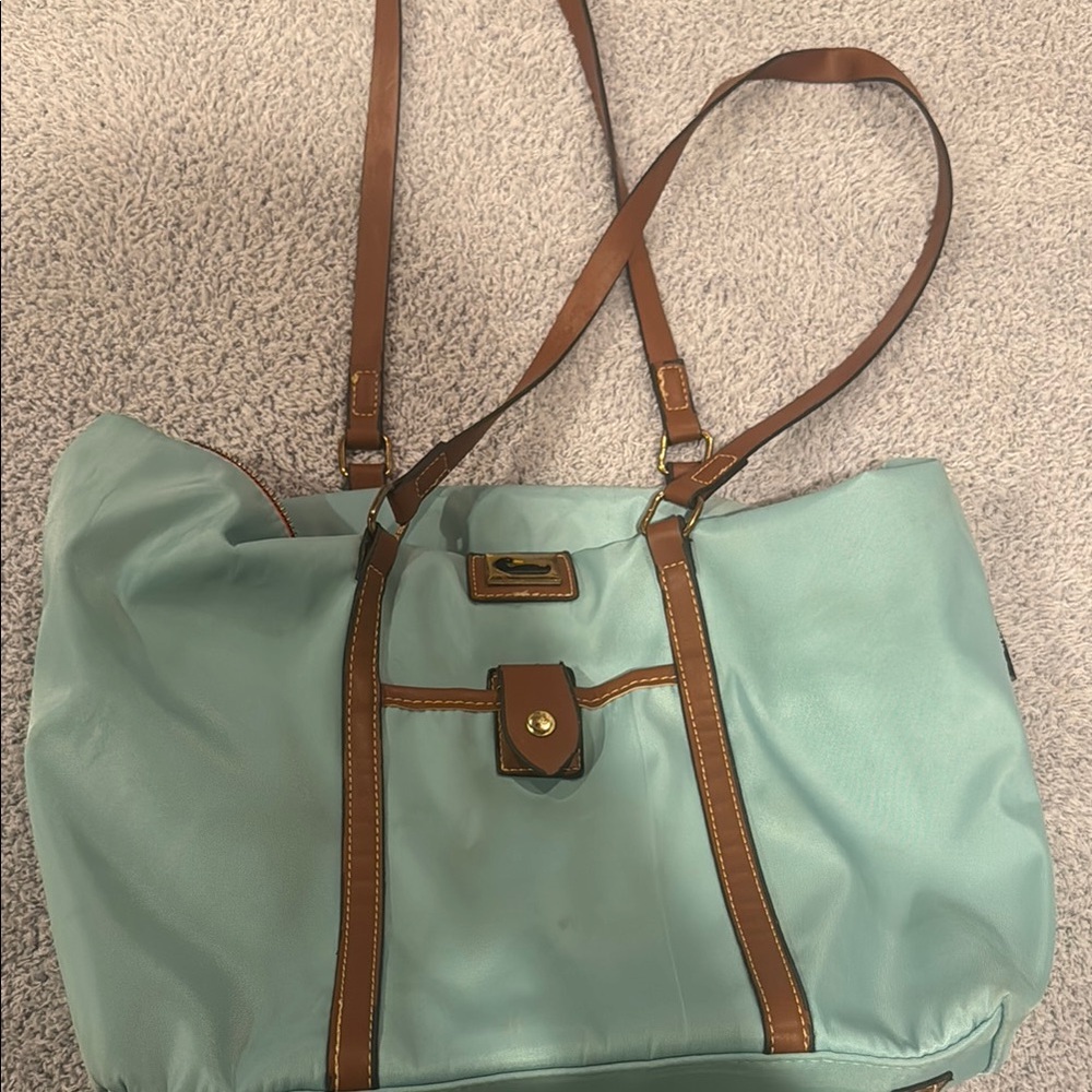 Stylish Blue Tote Bag with Brown Accents